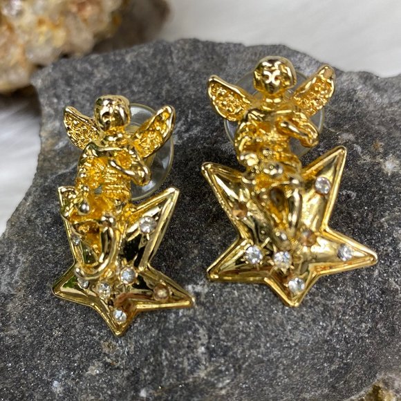 Vintage Gold Tone Angel on Star Pierced Earrings Rhinestones - Picture 1 of 8